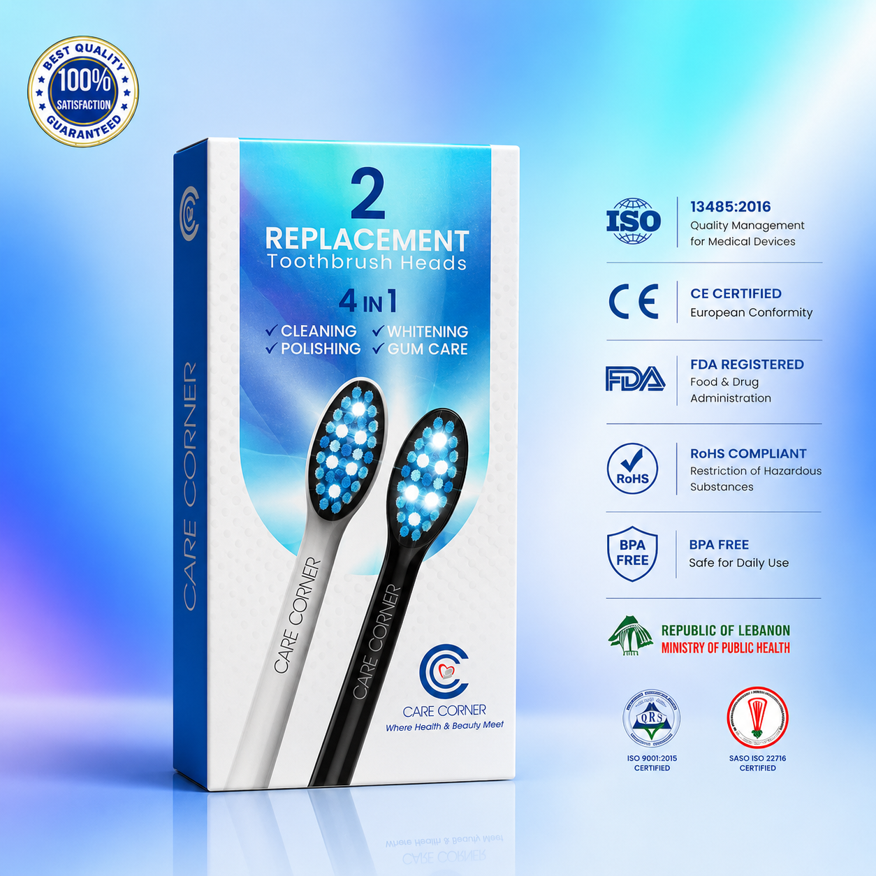 Care Corner Replacement Toothbrush Heads (2-Pack) | Premium Sonic Brush Heads for Whitening & Gum Care